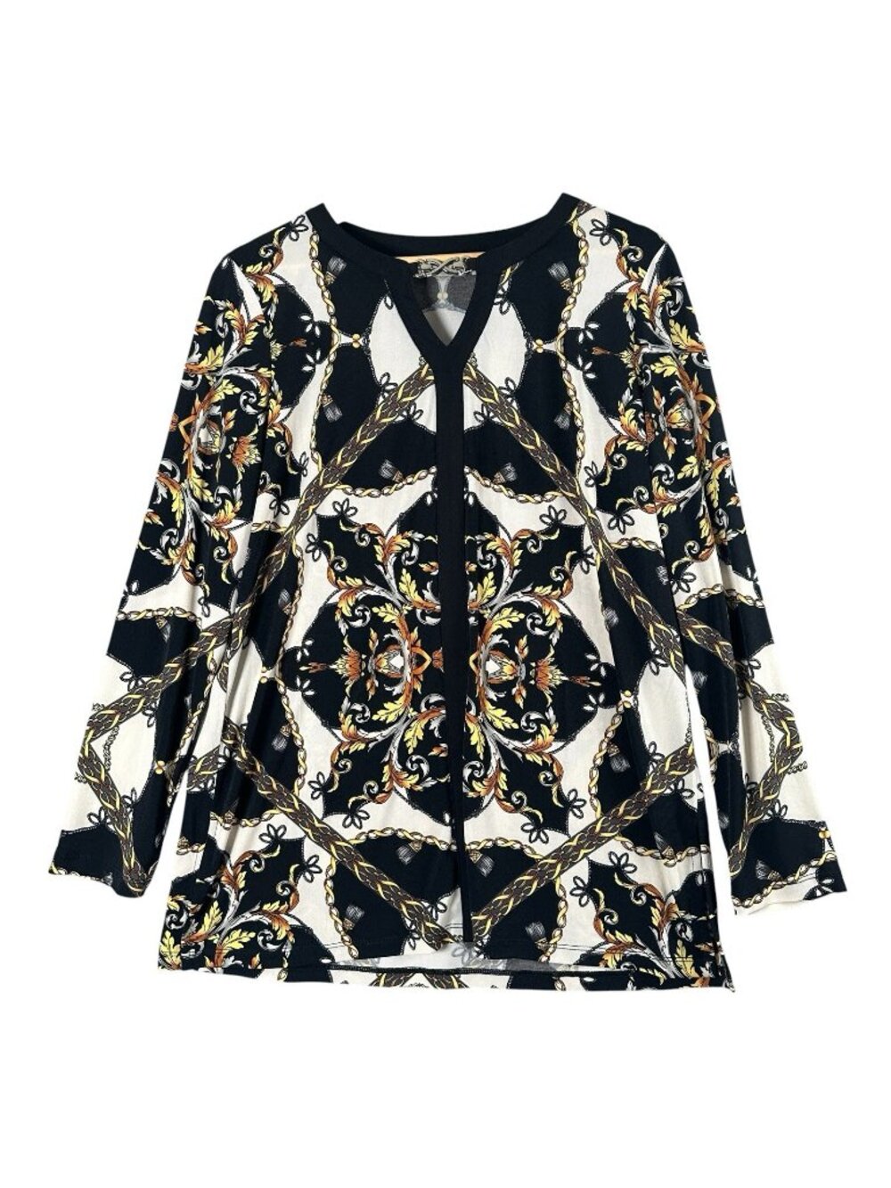 Susan Graver Scarf Chain Print Tunic Top Black Gold Medium Stretch Luxe